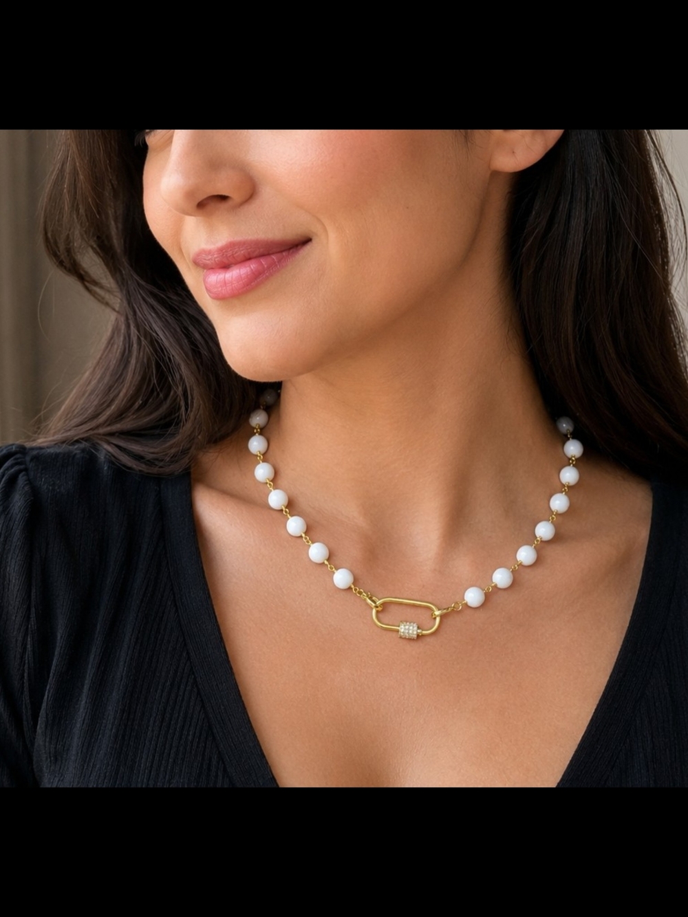 White Jade Faceted Necklace Gold Carabiner CZ Pave Layering Necklace - Picture 2 of 6